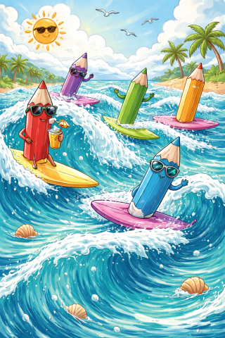 colored pencils riding the waves, seashells, sunshine, a palm tree