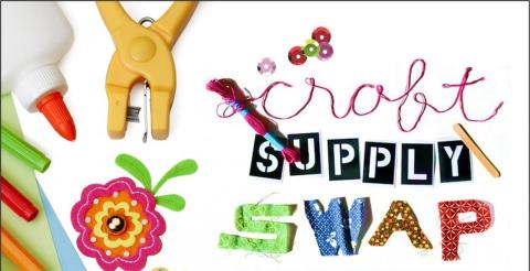 Text: Craft Supply Swap, Colorful Craft Items Displayed