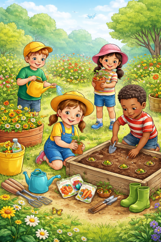 Children, raised garden bed, plants, seeds, tools, and flowers.