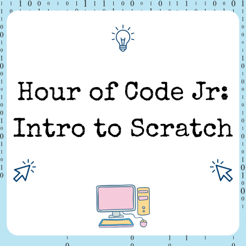Black text on white and blue background "Hour of Code Jr: Intro to Scratch" with a doodle of a pink desktop computer