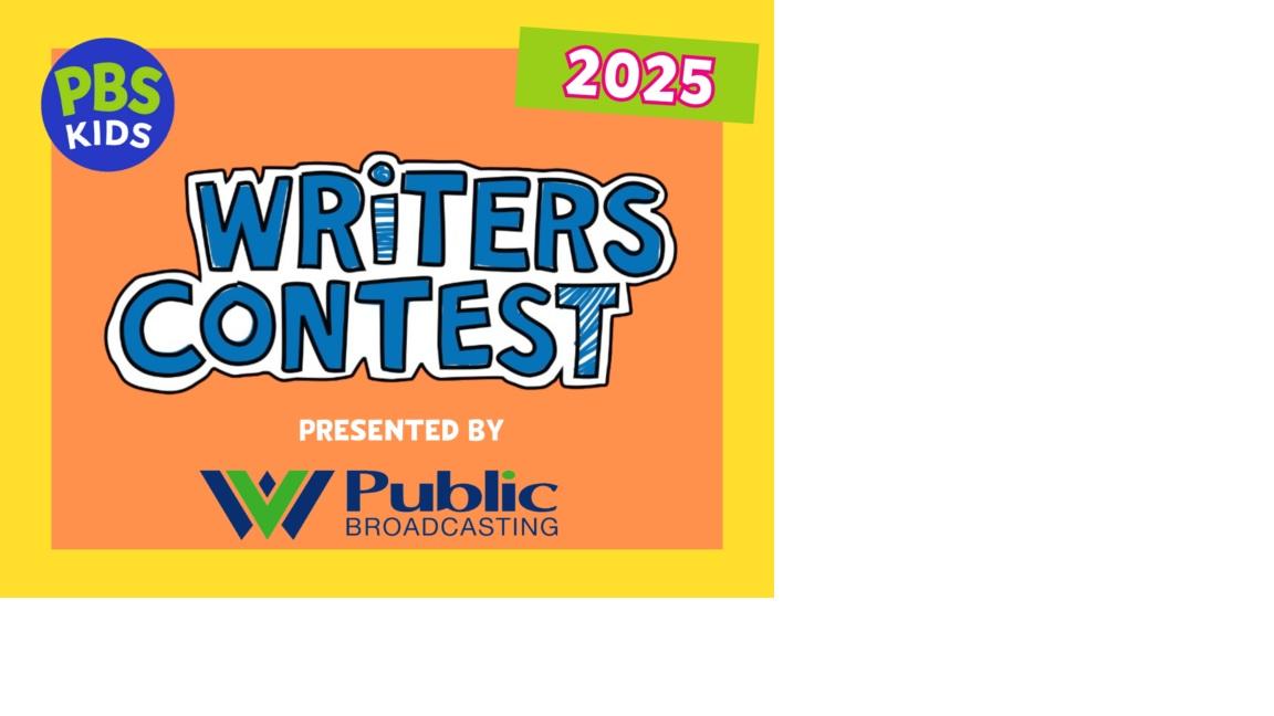 Writers Contest in Blue Text on orange background with yellow border  er