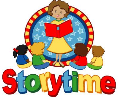 The word storytime in primary colors; four children; woman reading to children