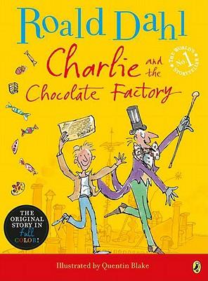 Book cover for Charlie and the Chocolate Factory in red text with yellow background