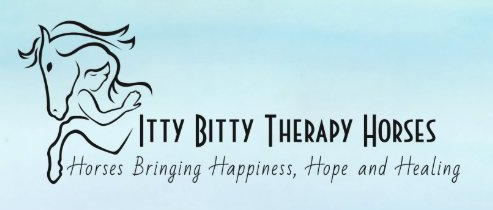 Black line drawing of miniature horse with text Itty Bitty Therapy Horses