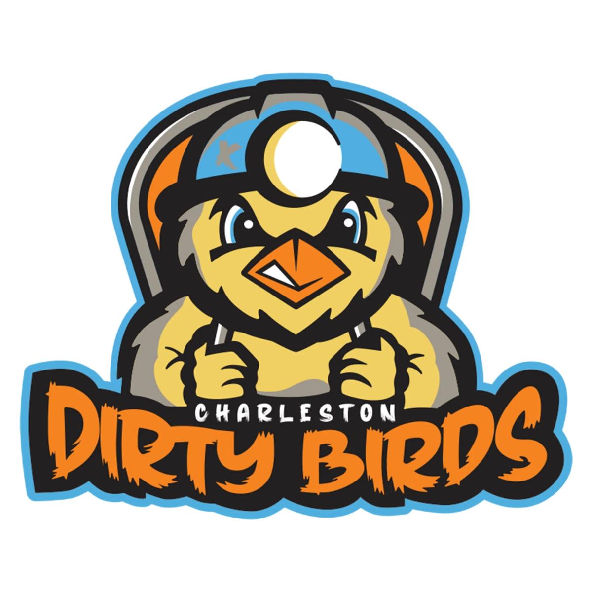 Yellow bird with miner's hat with light with words Charleston Dirty Birds