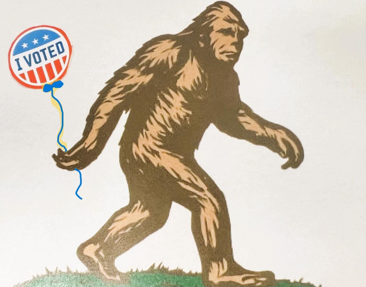 Bigfoot with an I Voted Balloon on a blue string.