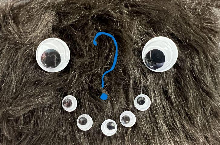 Furry face with wiggly eyes and question mark nose.