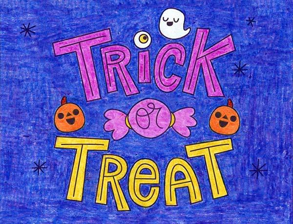 The words Trick or Treat with small ghosts, candy, and pumpkins