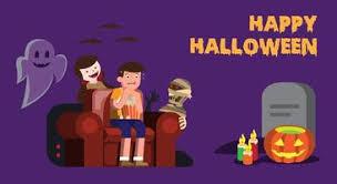 Boy watching movie with monsters behind him & words "Happy Halloween"