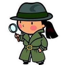 Carton girl with green trench coat, gray hat, magnifying glass