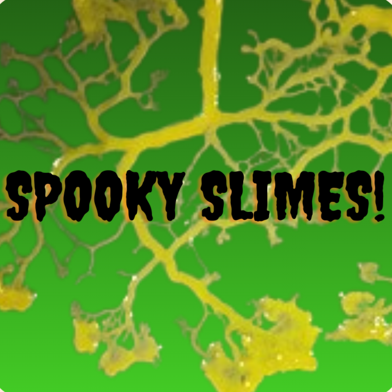 image of a slime mold overlaid with the words "spooky slimes!"