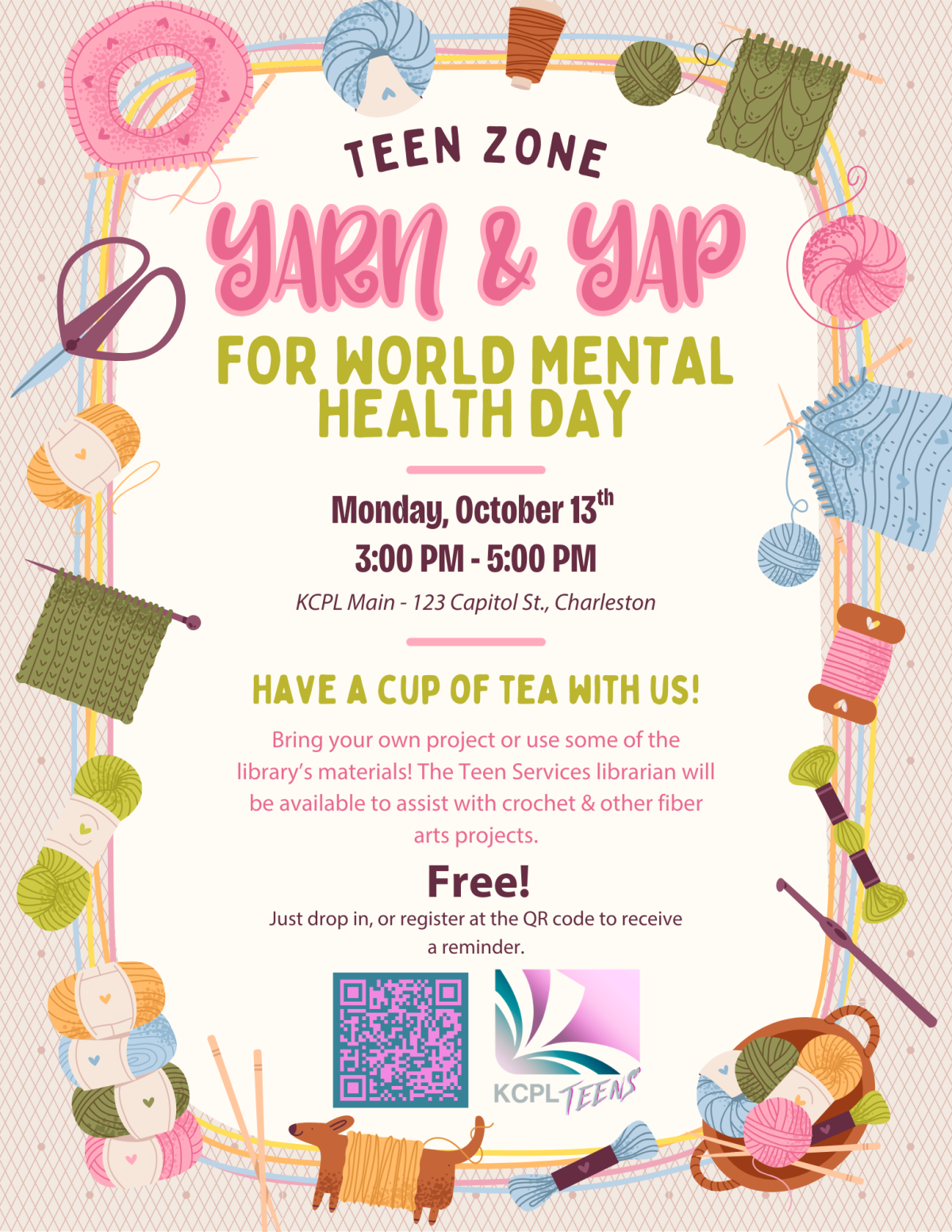 Textile arts around an informative flyer that contains the information found on this event listing.