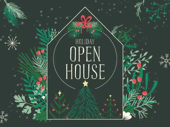 Green background, Holiday Open House text