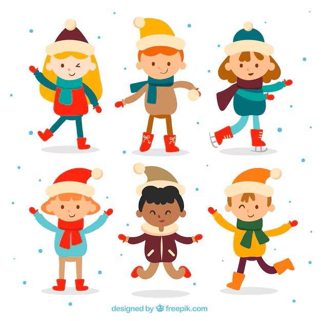 2 Rows of children, 3 in each row, wearing multicolored winter clothing