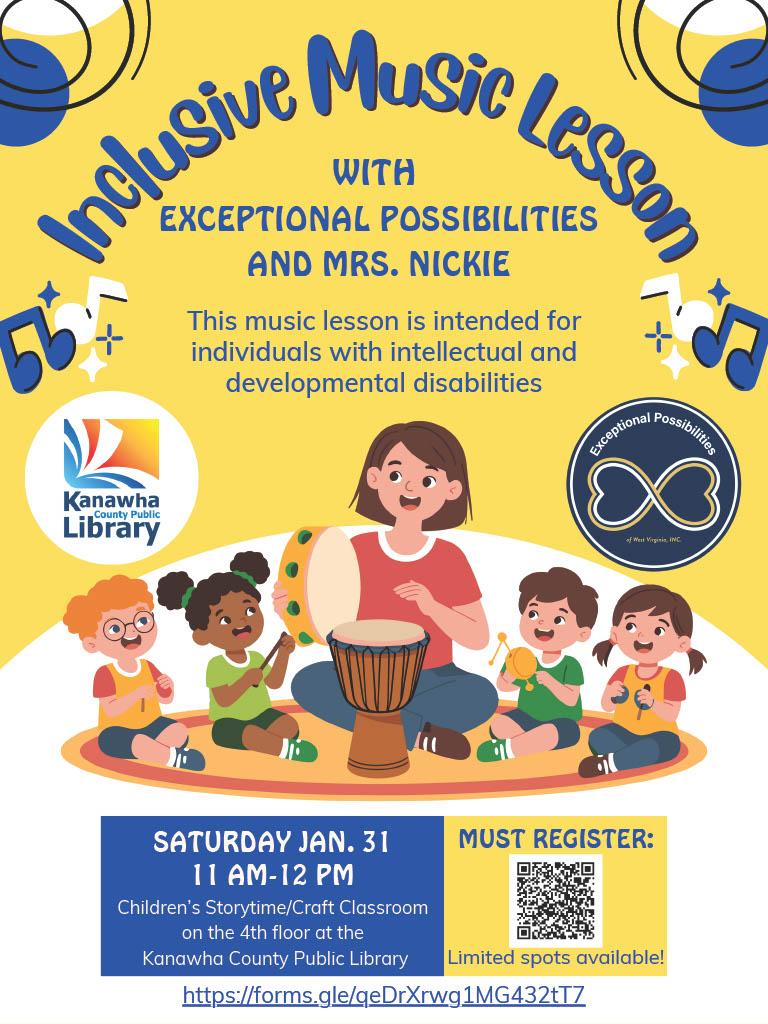 Yellow background with blue lettering shows teacher with students sitting around her