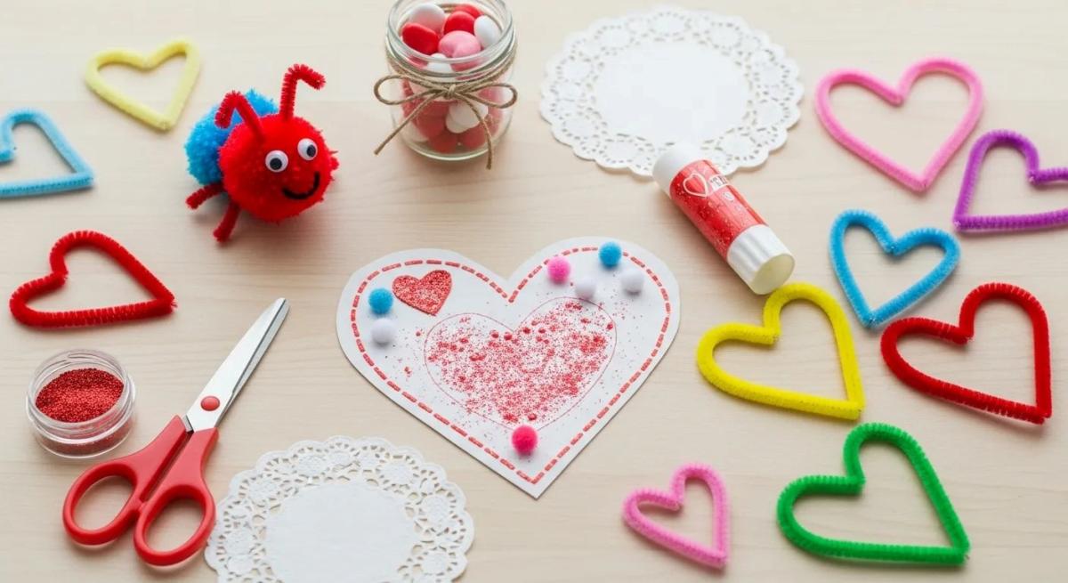 Chenille stems, pompoms, hearts, and a glue stick.