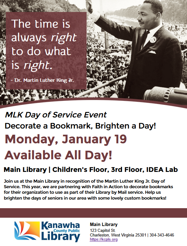 MLK Day 2026 flyer advertising bookmark decorating with photo of MLK