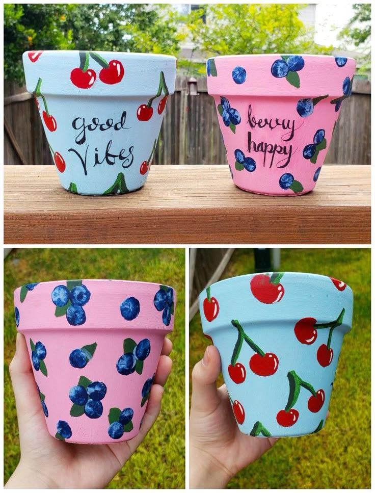 Painted flower pots in floral and fruit patterns