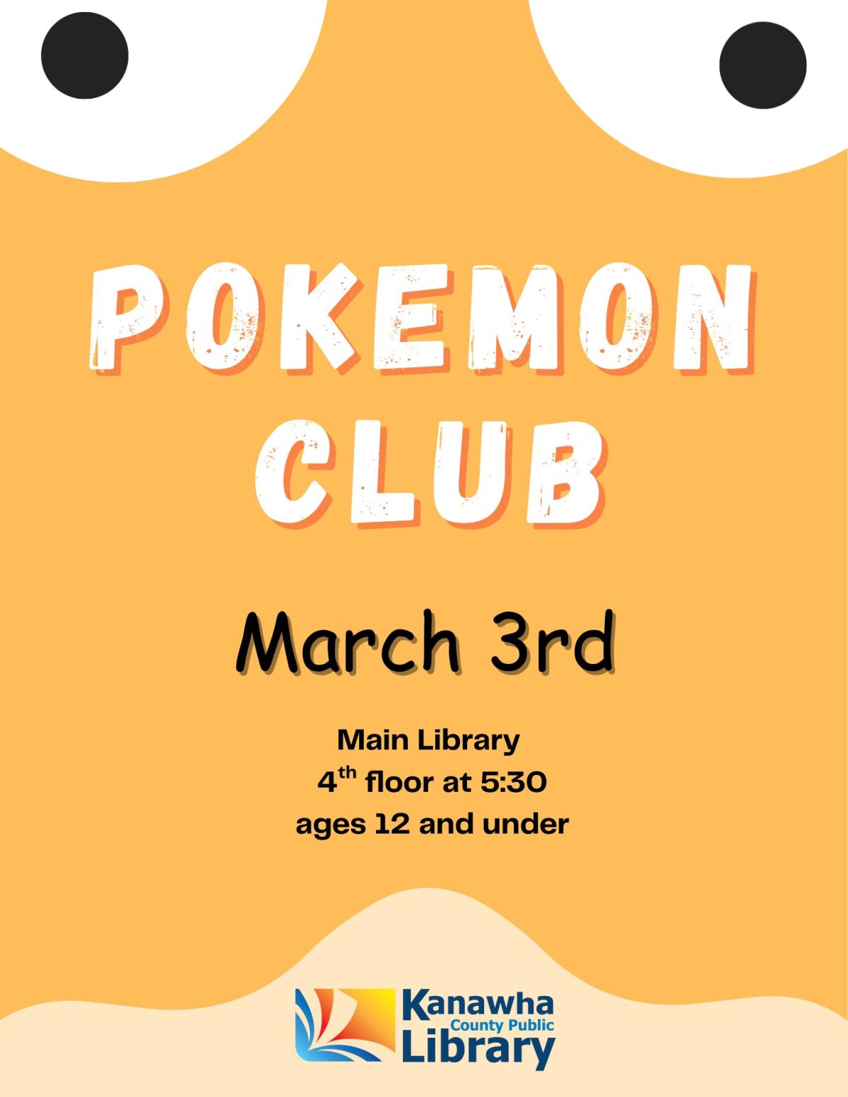 Large white eyes overlooking tan background with the words "Pokemon Club" in large white letters