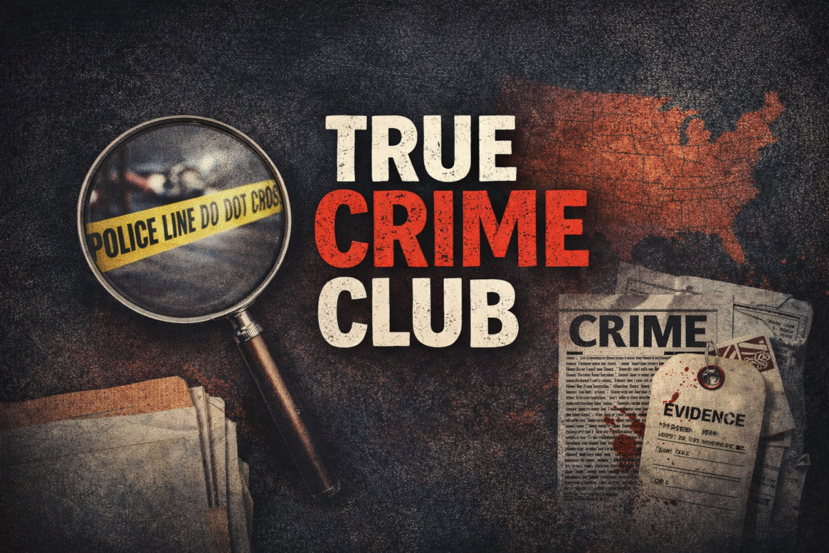True Crime Club image with magnifying glass and evidence files