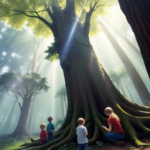 Towering tree with four children at base of tree