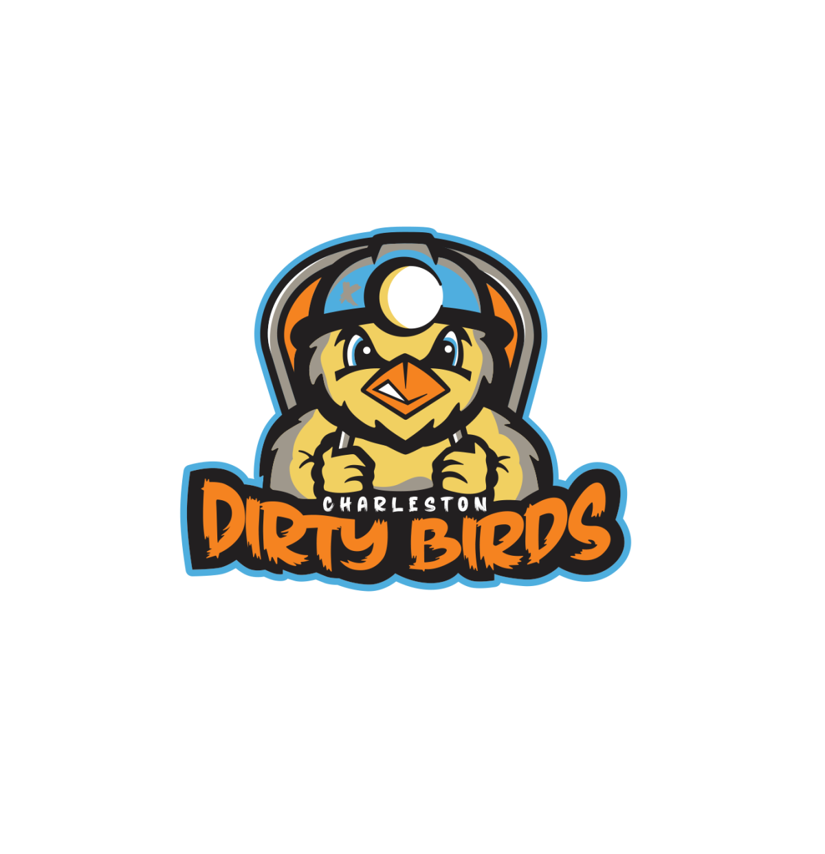 Yellow canary wearing miner's hat with words "Charleston Dirty Birds"