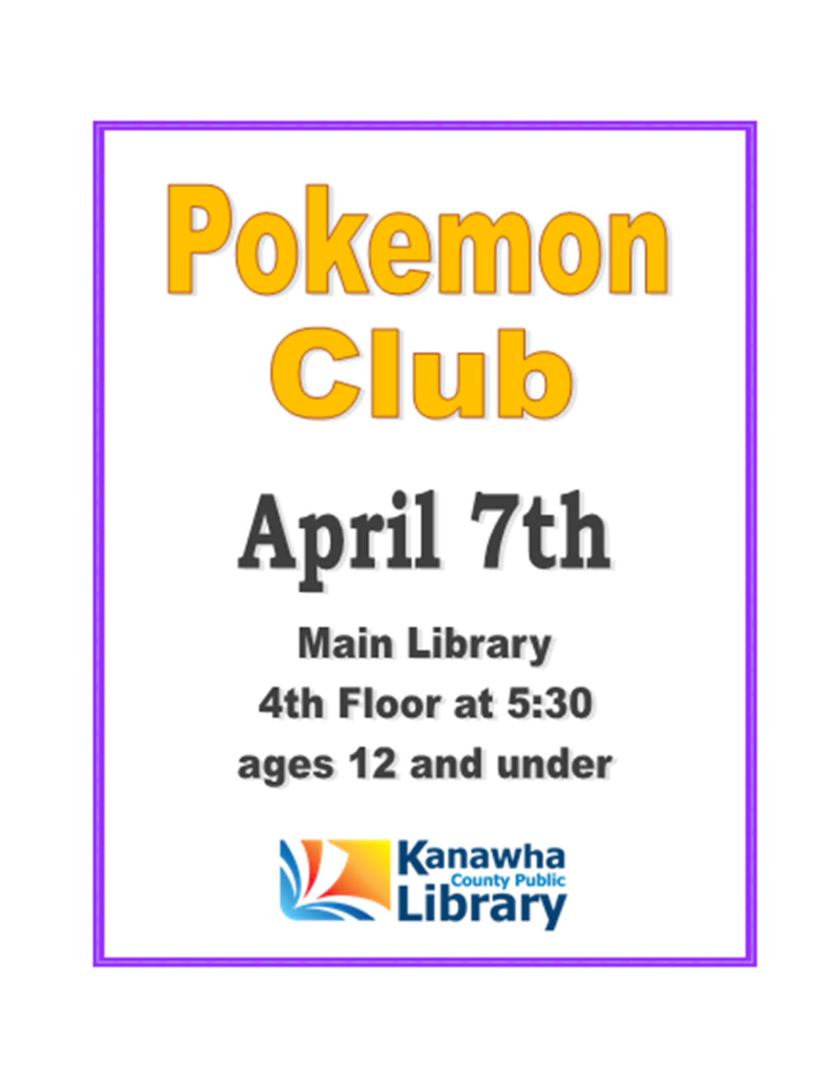 Flyer with white background & "Pokemon Club" in yellow letters, other text in black letters