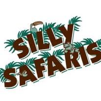  Slanted brown letters spell Silly Safaris with green palm trees behind the letters 