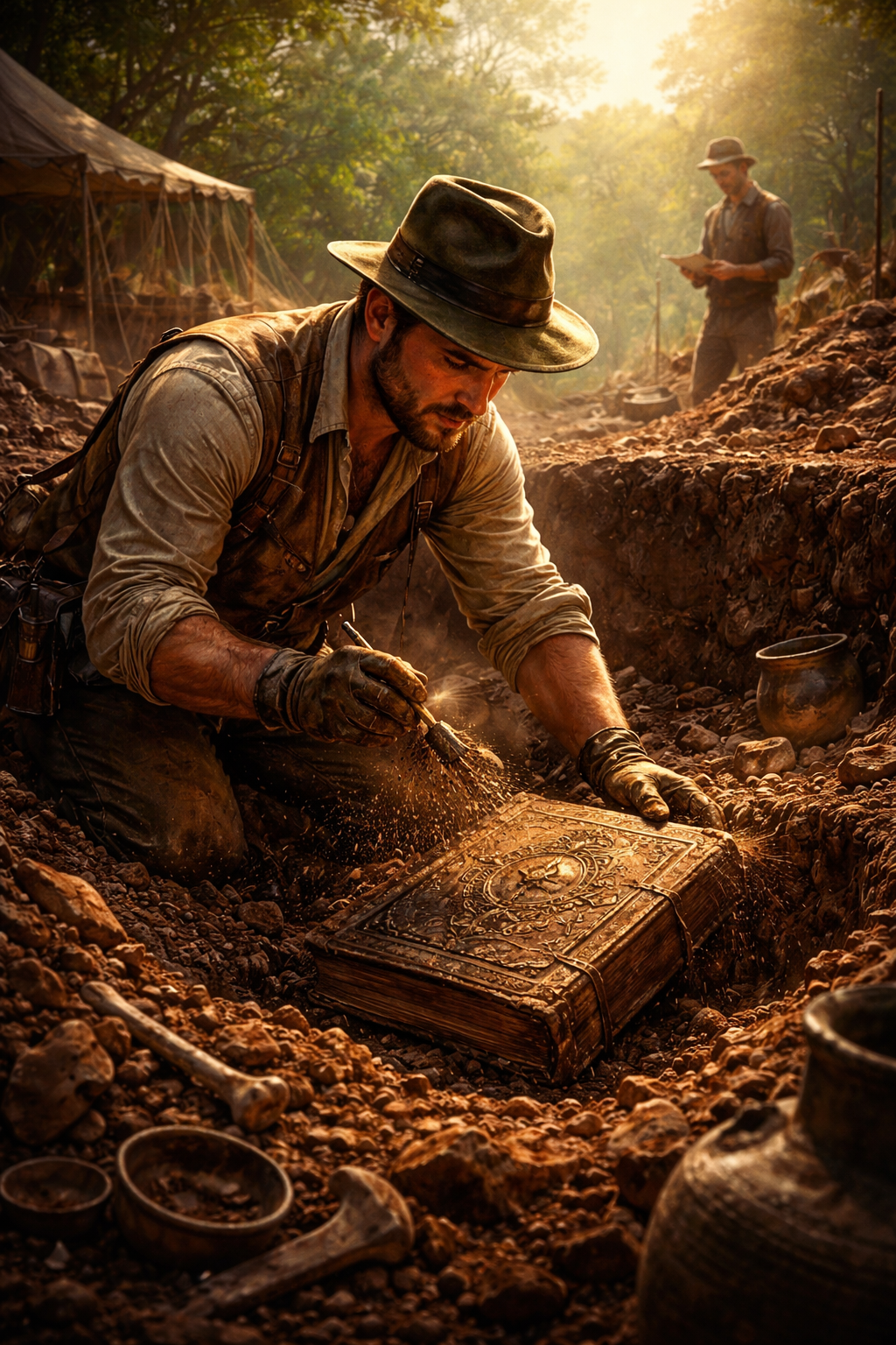 Archeologist, ancient book, misty background