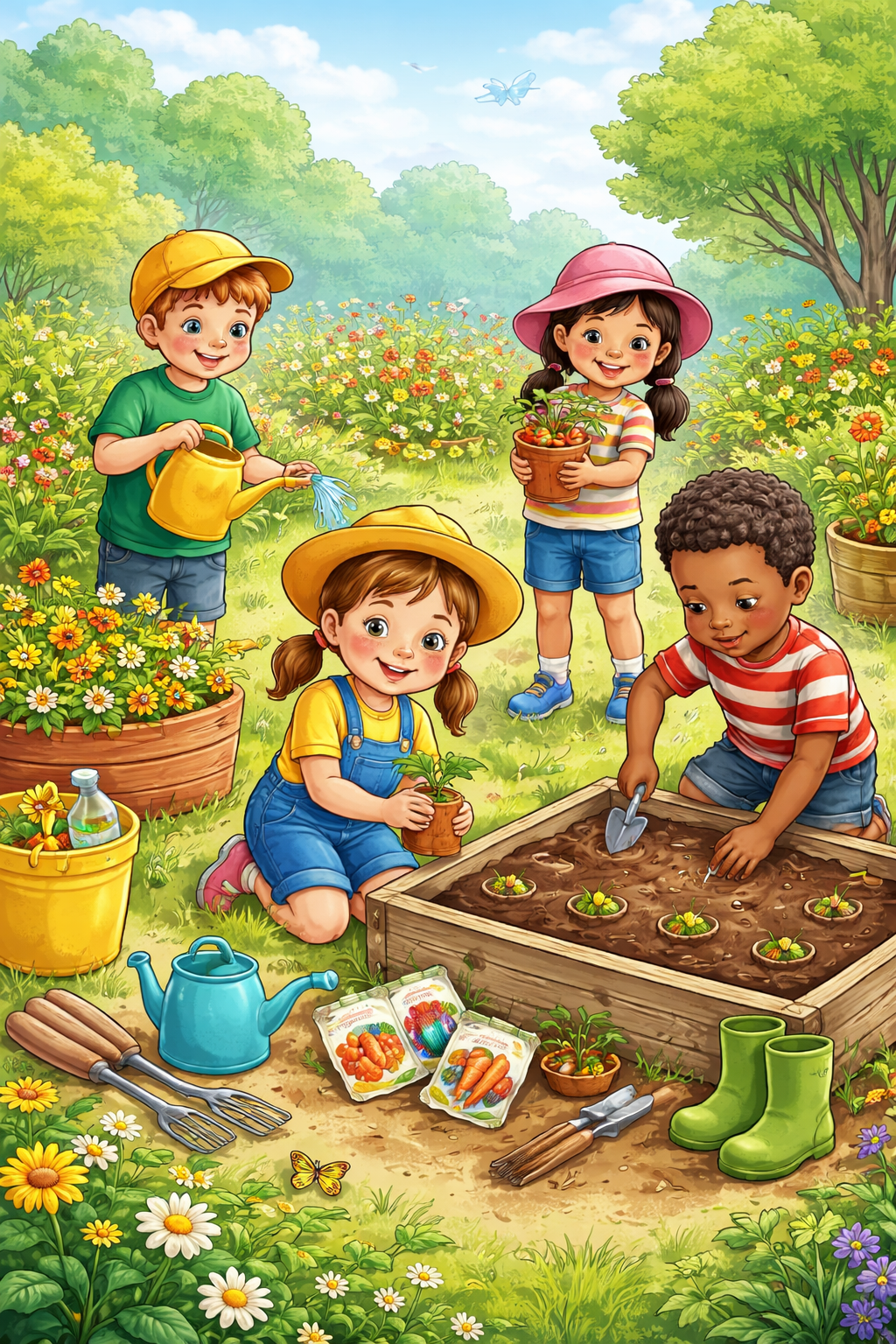 Children, raised garden bed, plants, seeds, tools, and flowers.