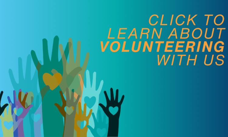 "Click to learn about volunteering with us." Features a sky blue to teal to navy gradient background with raised hands with hearts.